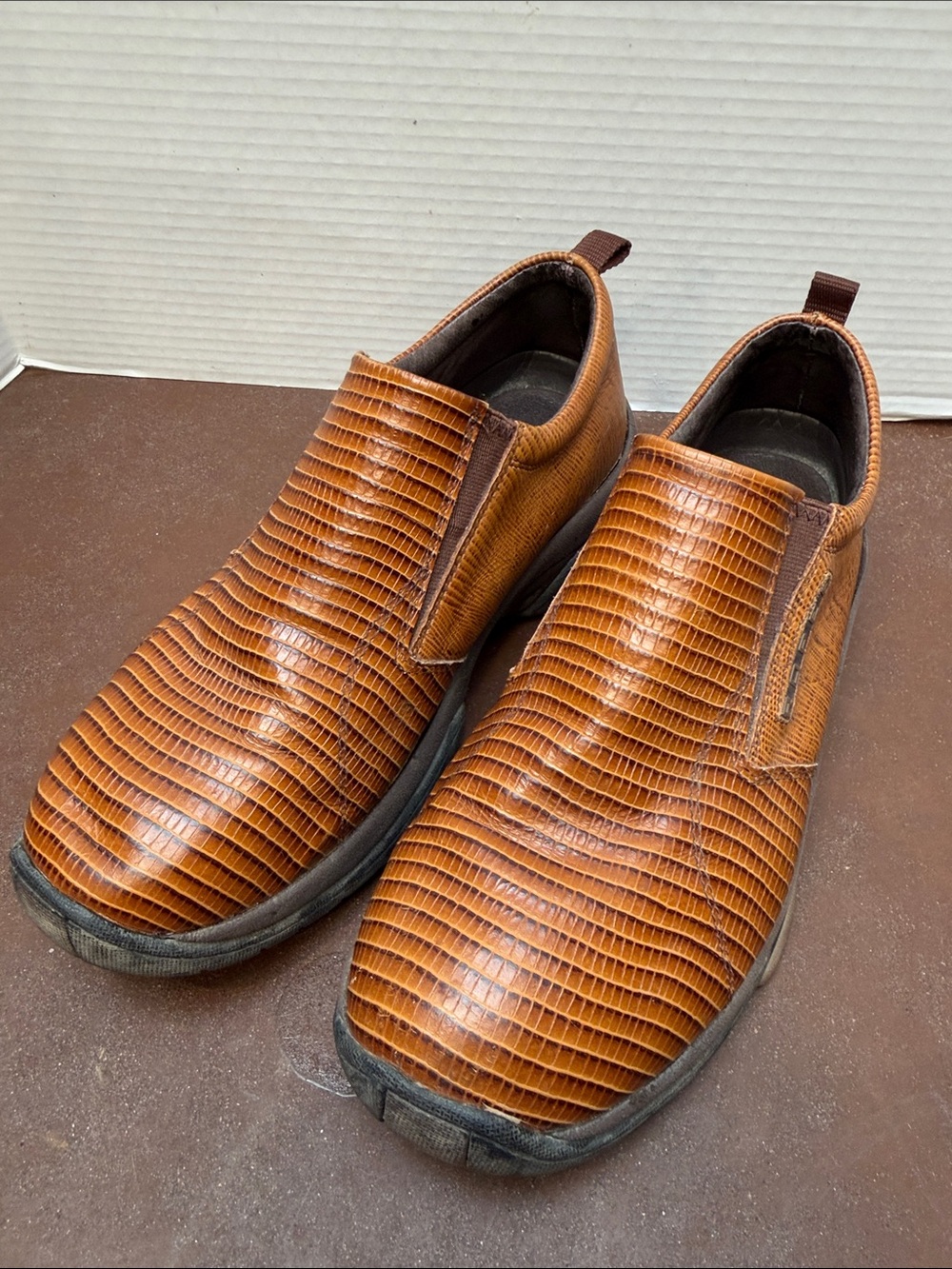 Roper Men's Slip-On Loafers in Cognac Brown snakeskin, men’s 10.5